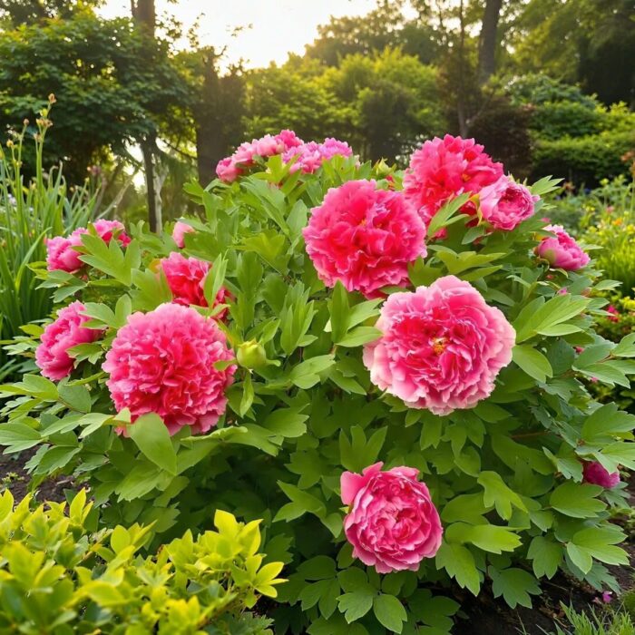 Pink peony plant flowering in a lush garden border