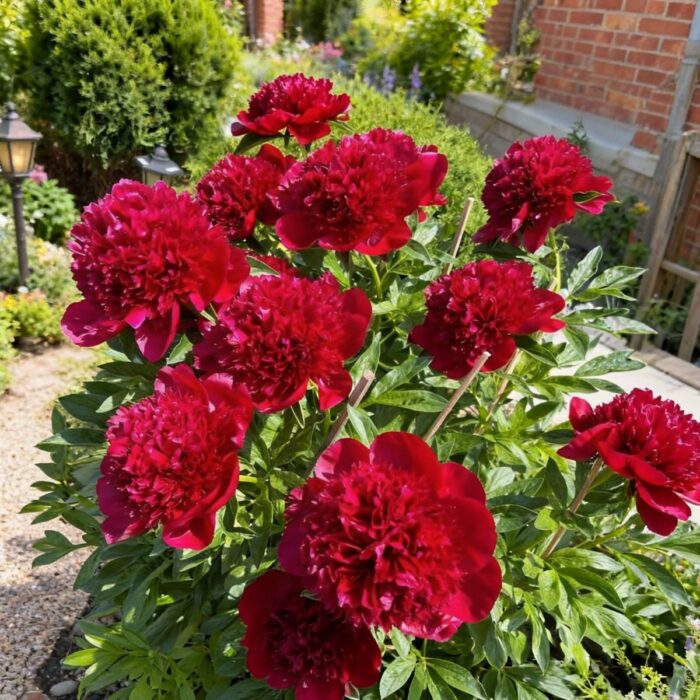 Red peony plant covered in deep blooms in a cottage garden